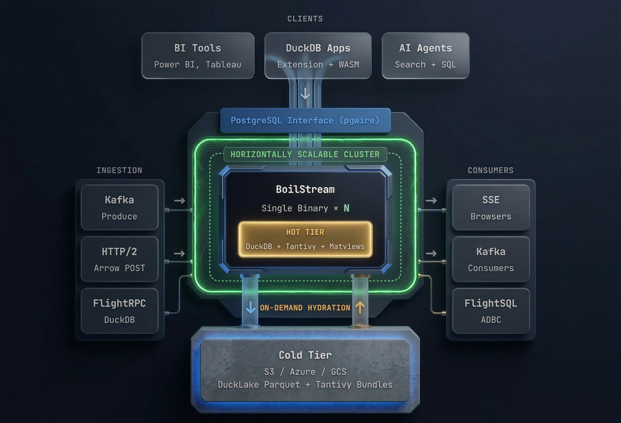 BoilStream Architecture — Ingest, Transform, Aggregate, Search, Consume
